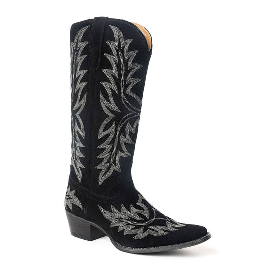 Midnight Trail Embroidered Leather Boots in Shadow Black