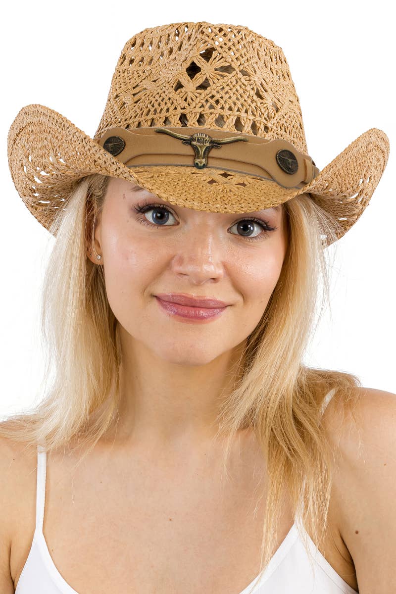 Longhorn Monochrome Belt Crochet Woven Cowboy Hat: Hot Pink