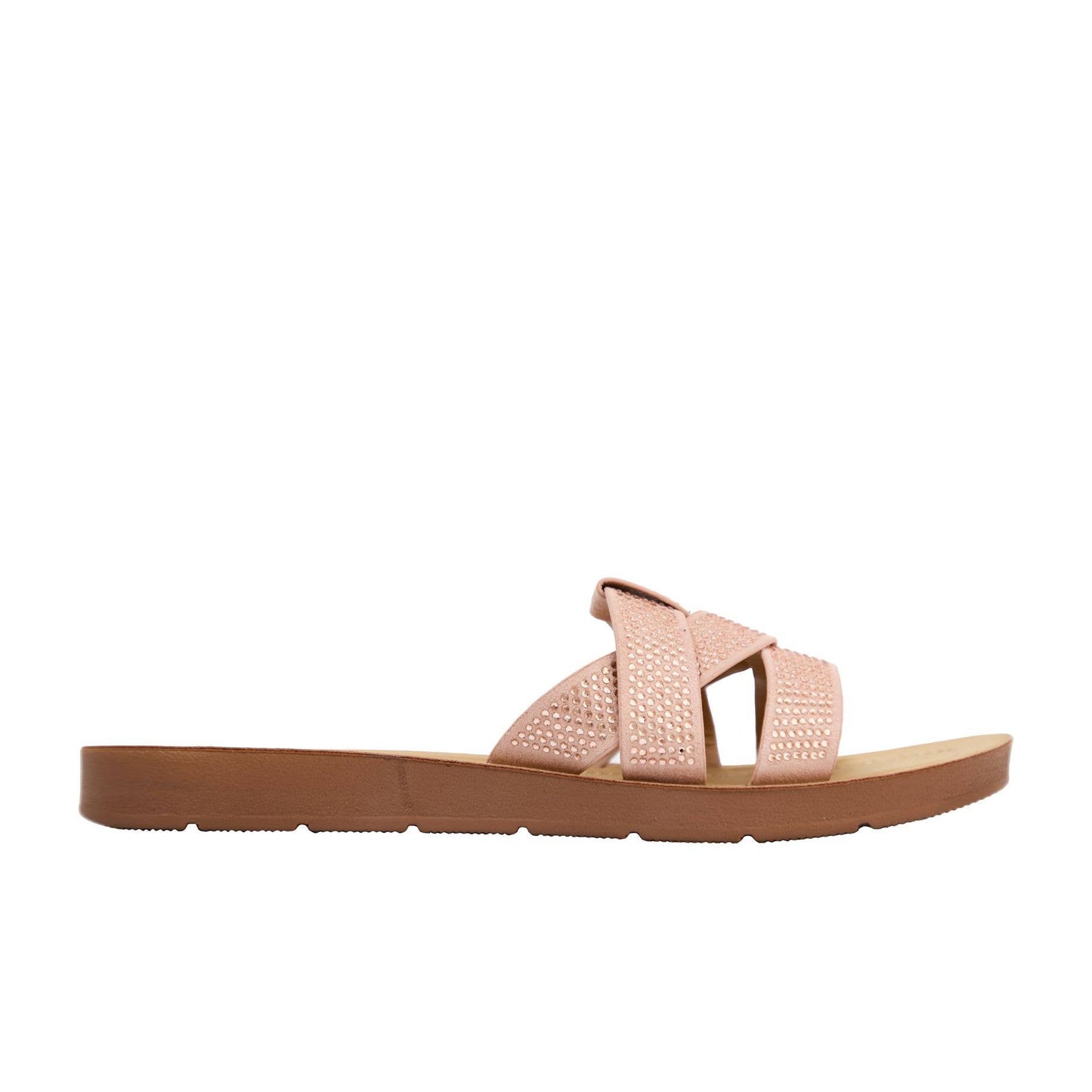Cindy Rhinestone Crisscross Strap Slide Sandal