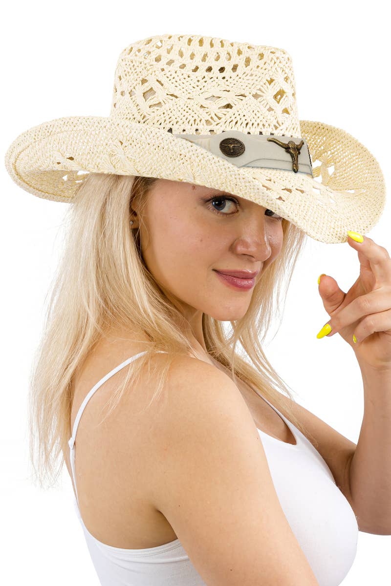 Longhorn Monochrome Belt Crochet Woven Cowboy Hat: Hot Pink
