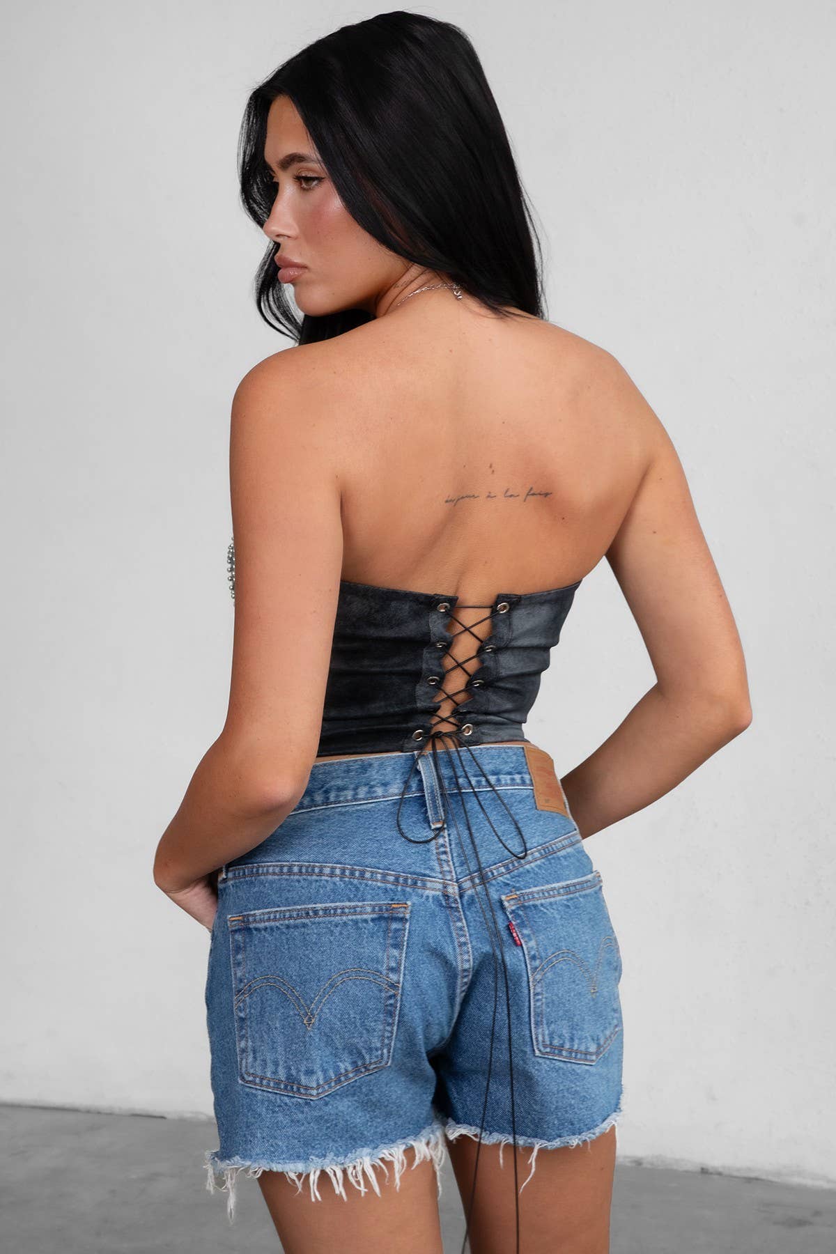 BECKEE CP Vegan Leather Western Rhinestone Corset Top