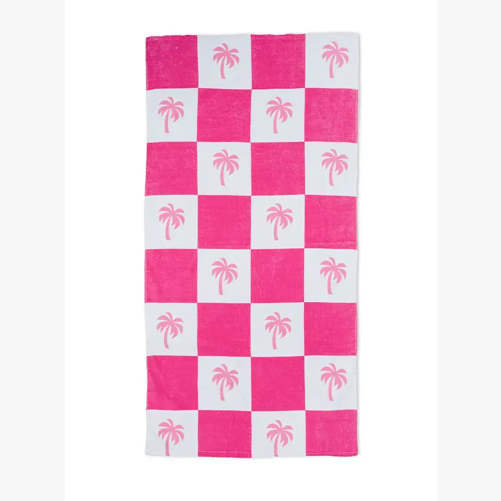 Pool / Beach Towel - Checkered w/ Palm Trees - Pink & White