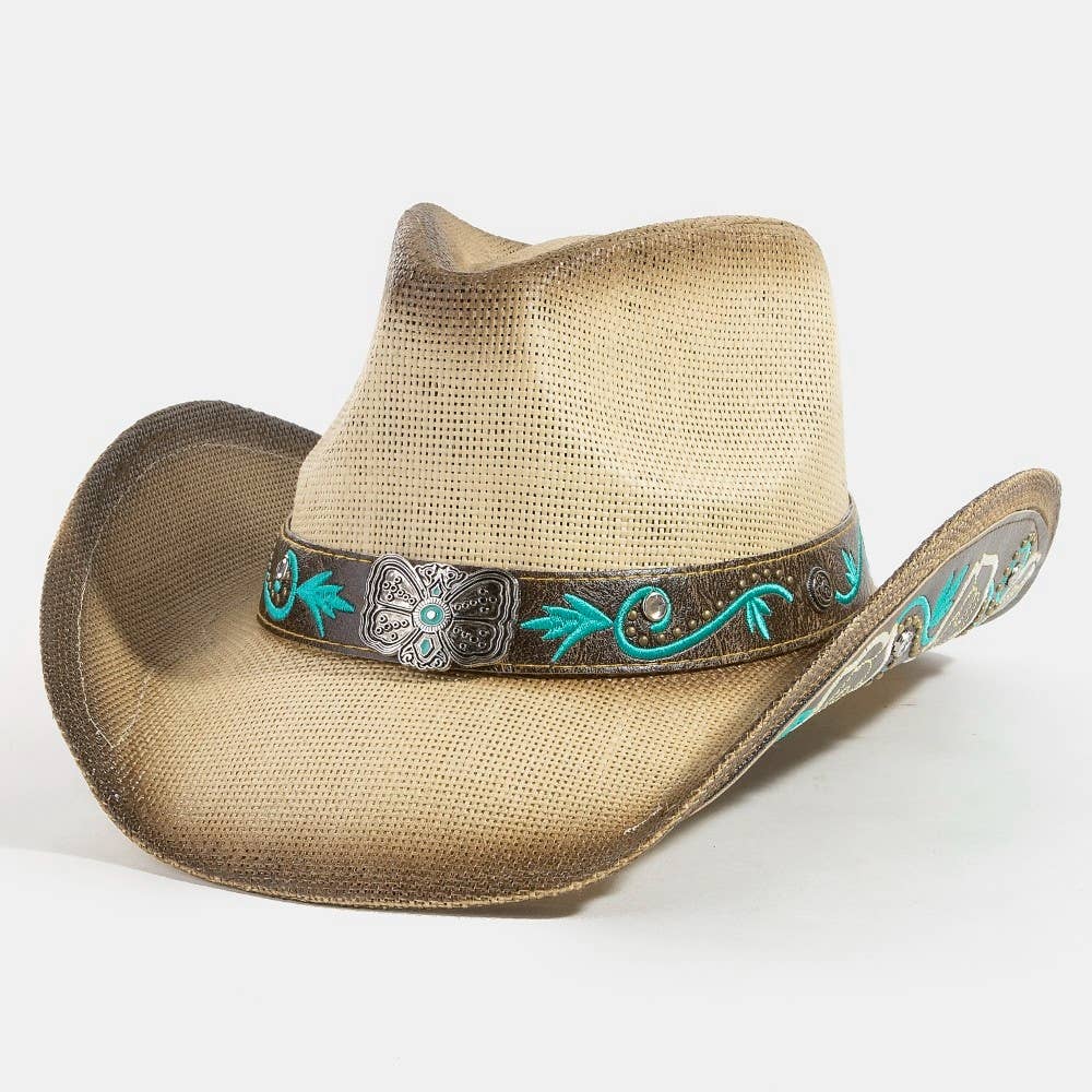 Western Butterfly Concho Detail Straw Cowboy Hat: BR