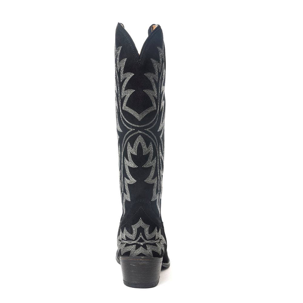 Midnight Trail Embroidered Leather Boots in Shadow Black