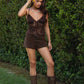 RIDER Lace Up Front Faux Suede Shorts With Belt Loop Detail: Brown
