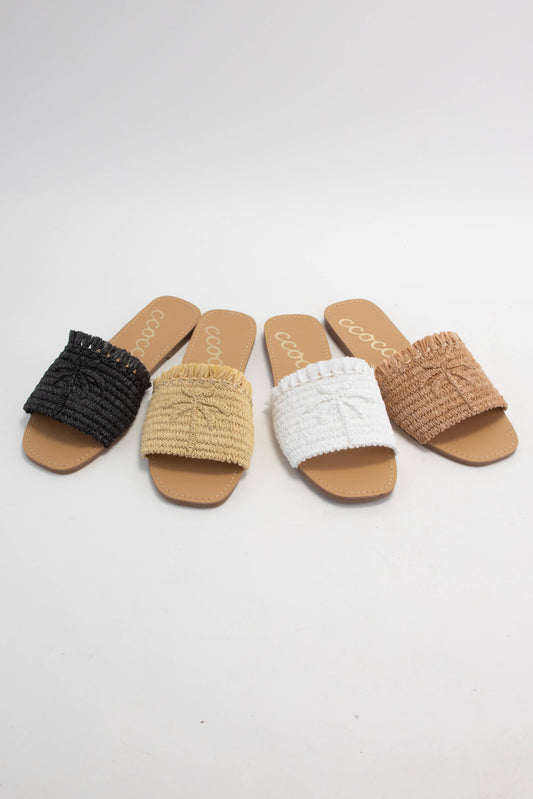 SANDY PALM TREE EMBROIDERY DESIGN RAFFIA SANDAL: CAMEL / A12