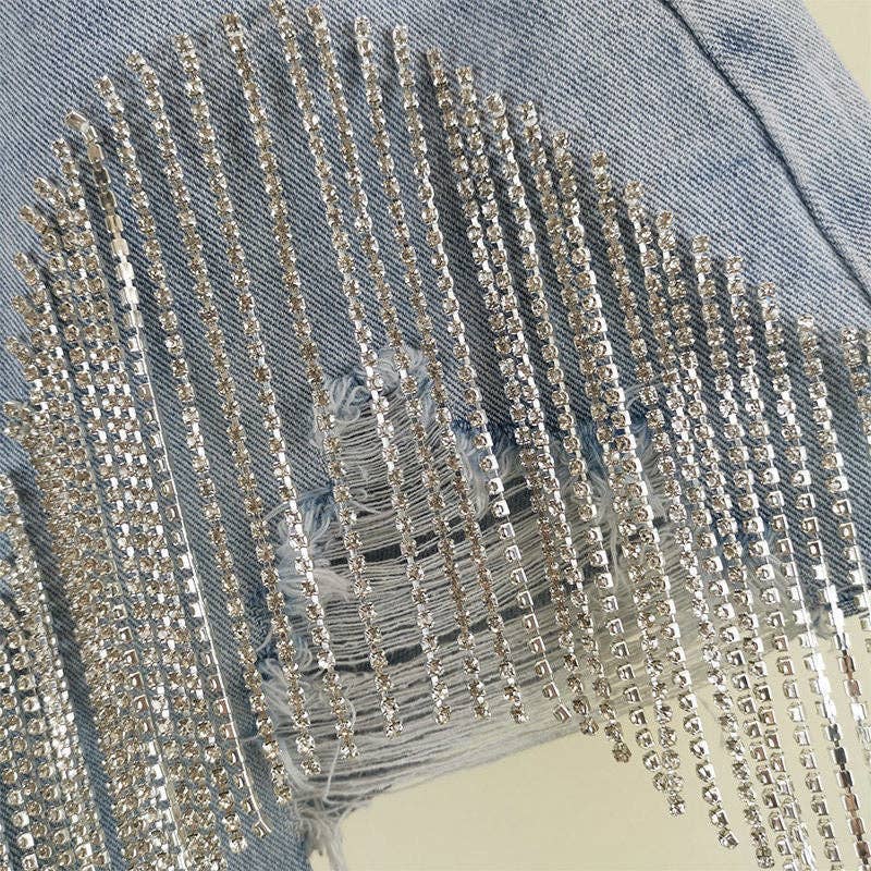 Rhinestone Fringe Denim Shorts High Waist Festival: Blue