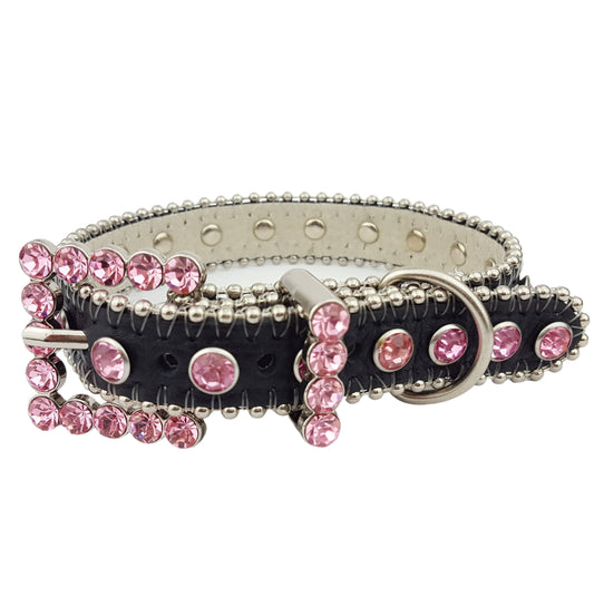 Genuine Black Leather Crystal Dog Collar: Pink Stone / Small