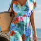 Floral/ Boho Print V Neck Semi Sheer Beach Cover Up Dress: Sky Blue