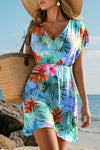 Floral/ Boho Print V Neck Semi Sheer Beach Cover Up Dress: Sky Blue
