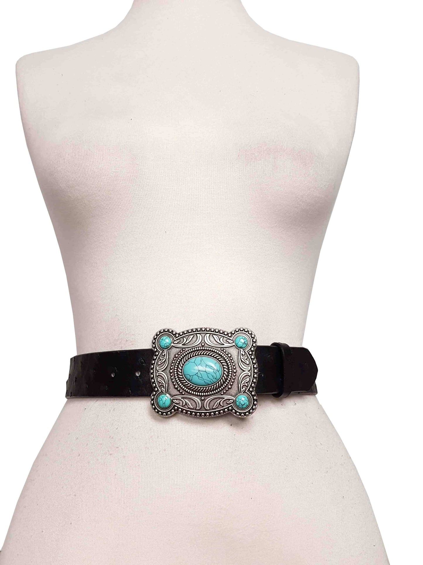 Western Silver Turquoise Buckle w. Ostrich Belt: Black / M/L