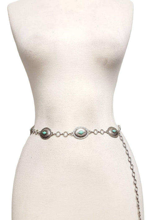 Western-Inspired, Oval Matte Silver Concho Chain Belt