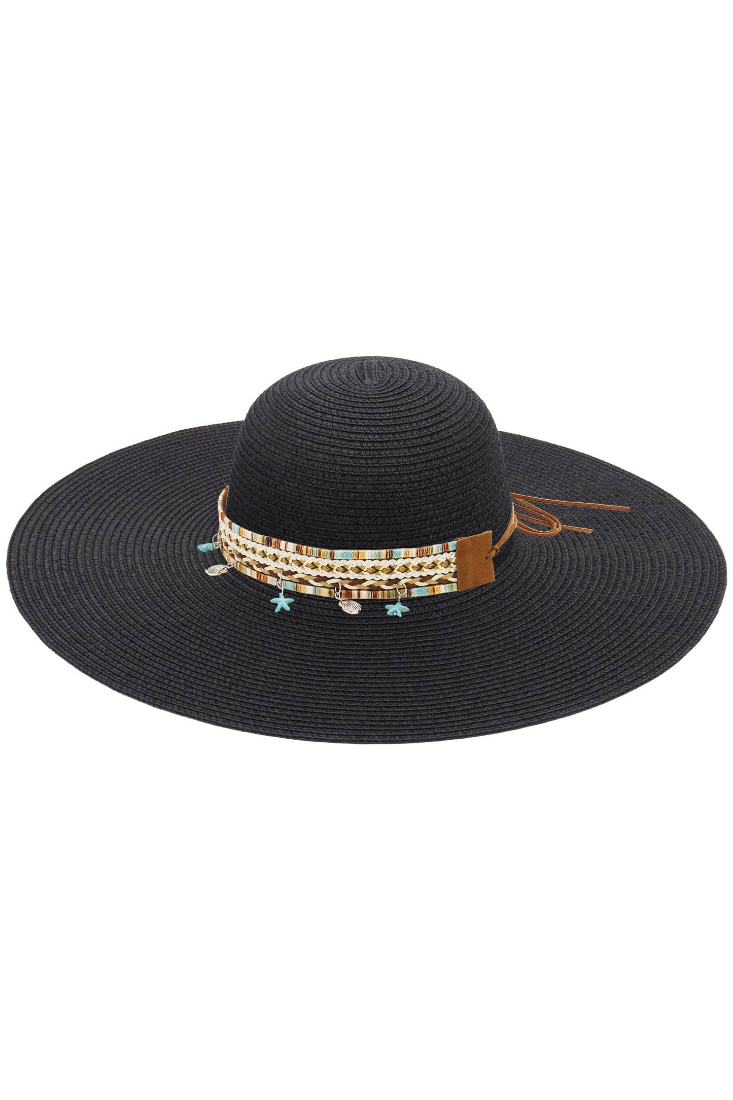 Blue Coastal Starfish Belt Floppy Straw Sun Hat