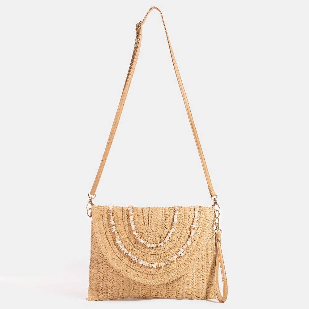 Shell Beaded Accent Paper Woven Envelope Clutch Bag: TA