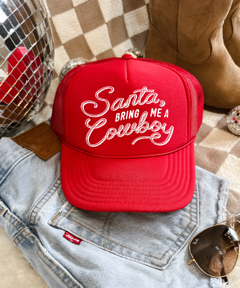 Santa Bring Me A Cowboy Otto Trucker Hats: Solid Red Trucker