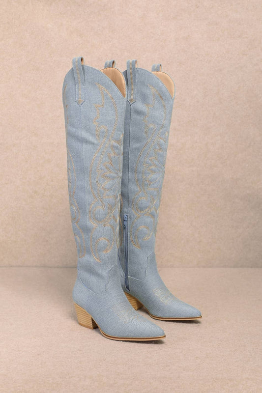VERONICA CHIC EMBROIDERED LONG DENIM WESTERN BOOTS: DENIM / B12