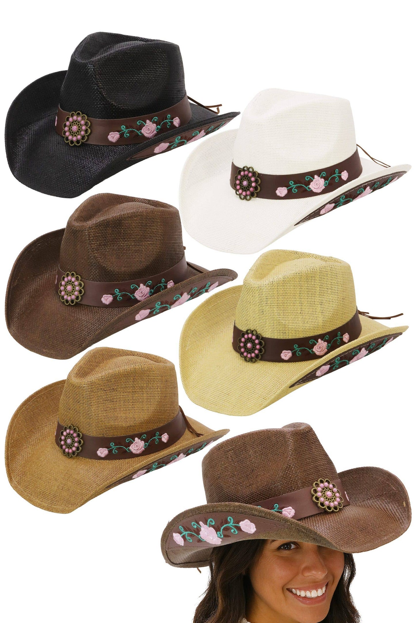 Pink Rose Concho Belt Embroidered Cowgirl Hat