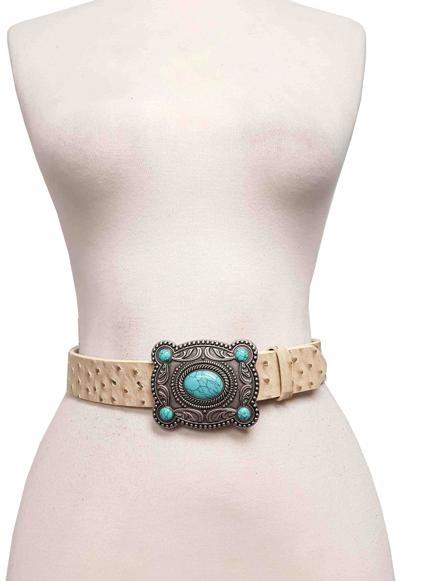 Western Silver Turquoise Buckle w. Ostrich Belt: Black / M/L
