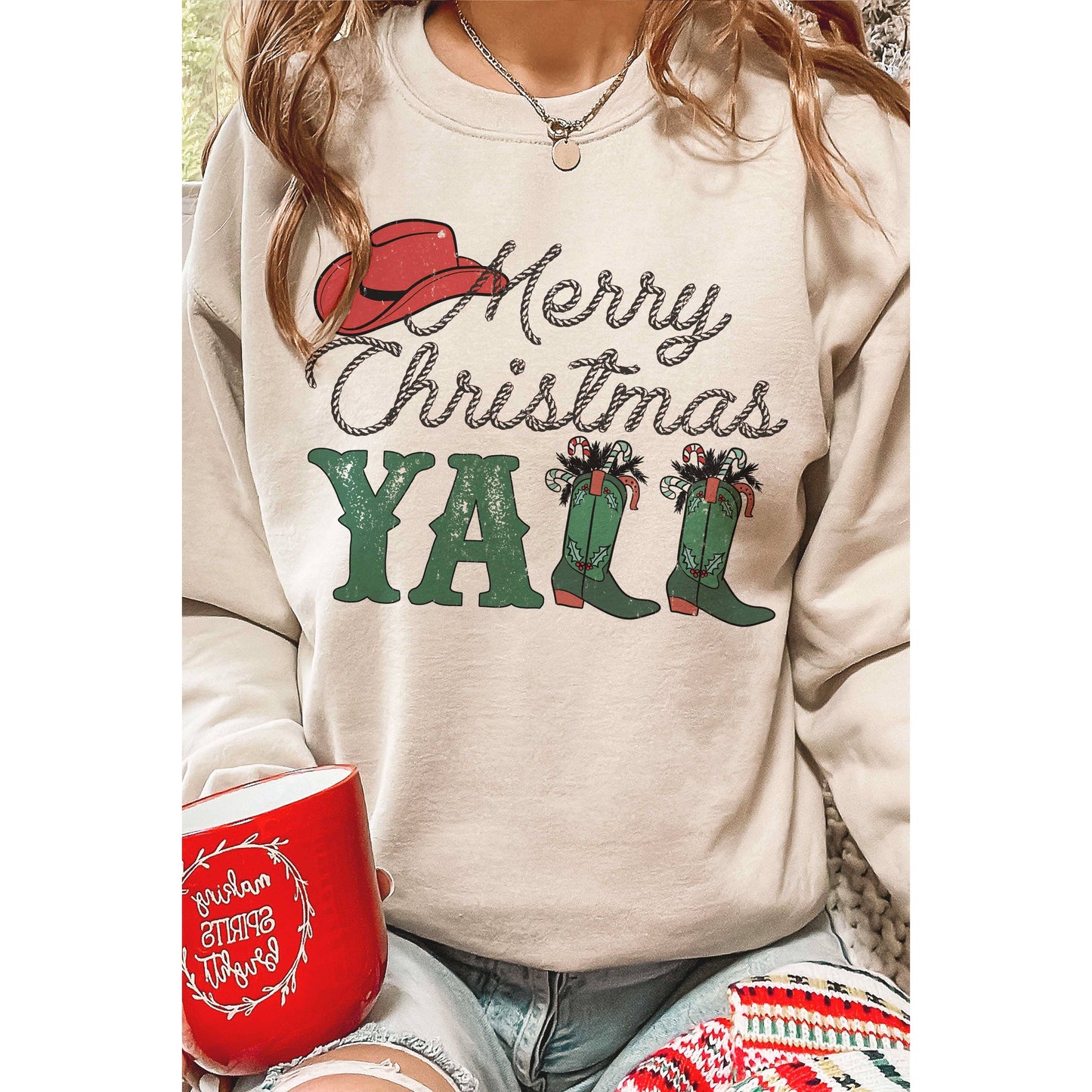 MERRY CHRISTMAS YALL COWBOY BOOTS Graphic Sweatshirt.