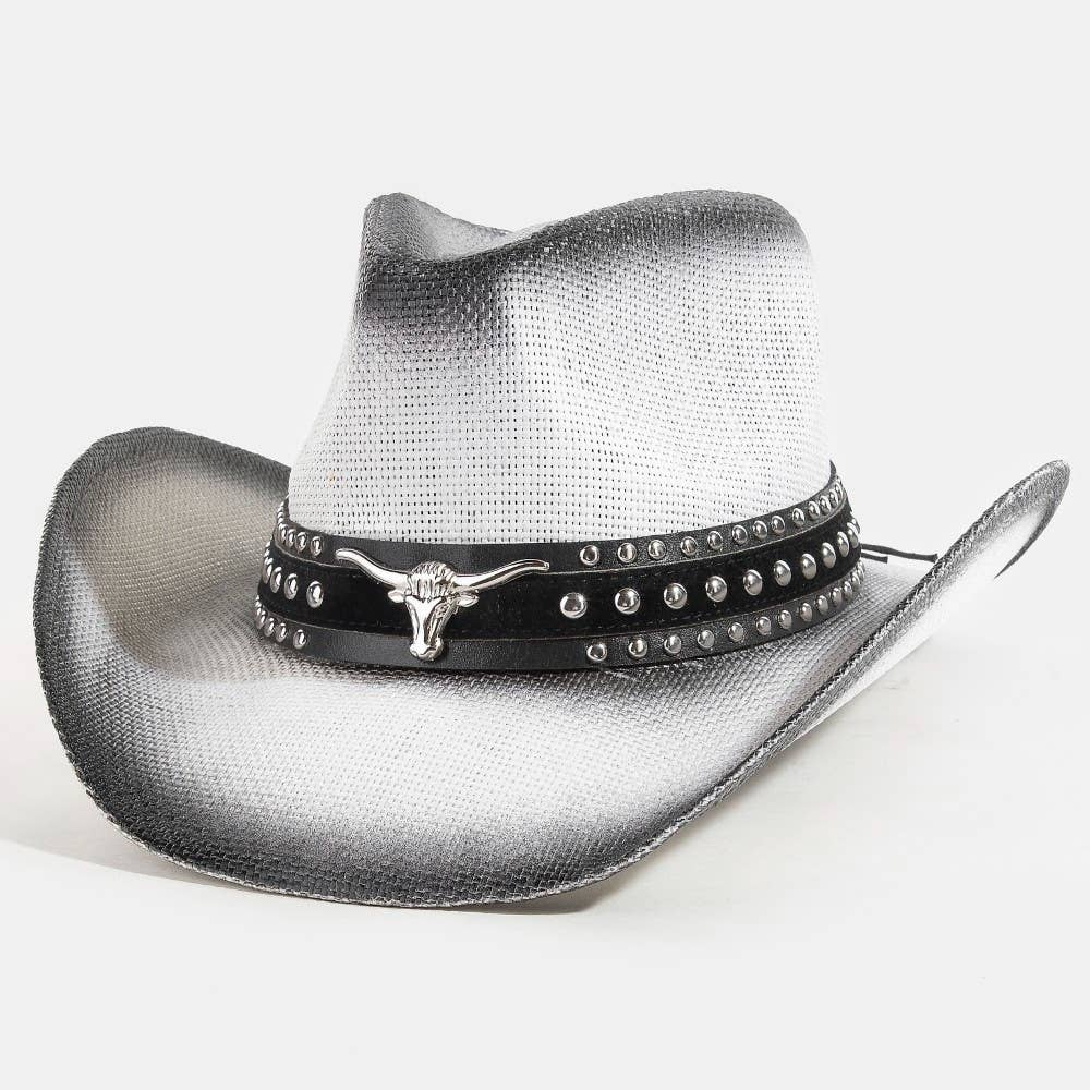 Western Long Horn Studded Strap Straw Cowboy Hat: KA