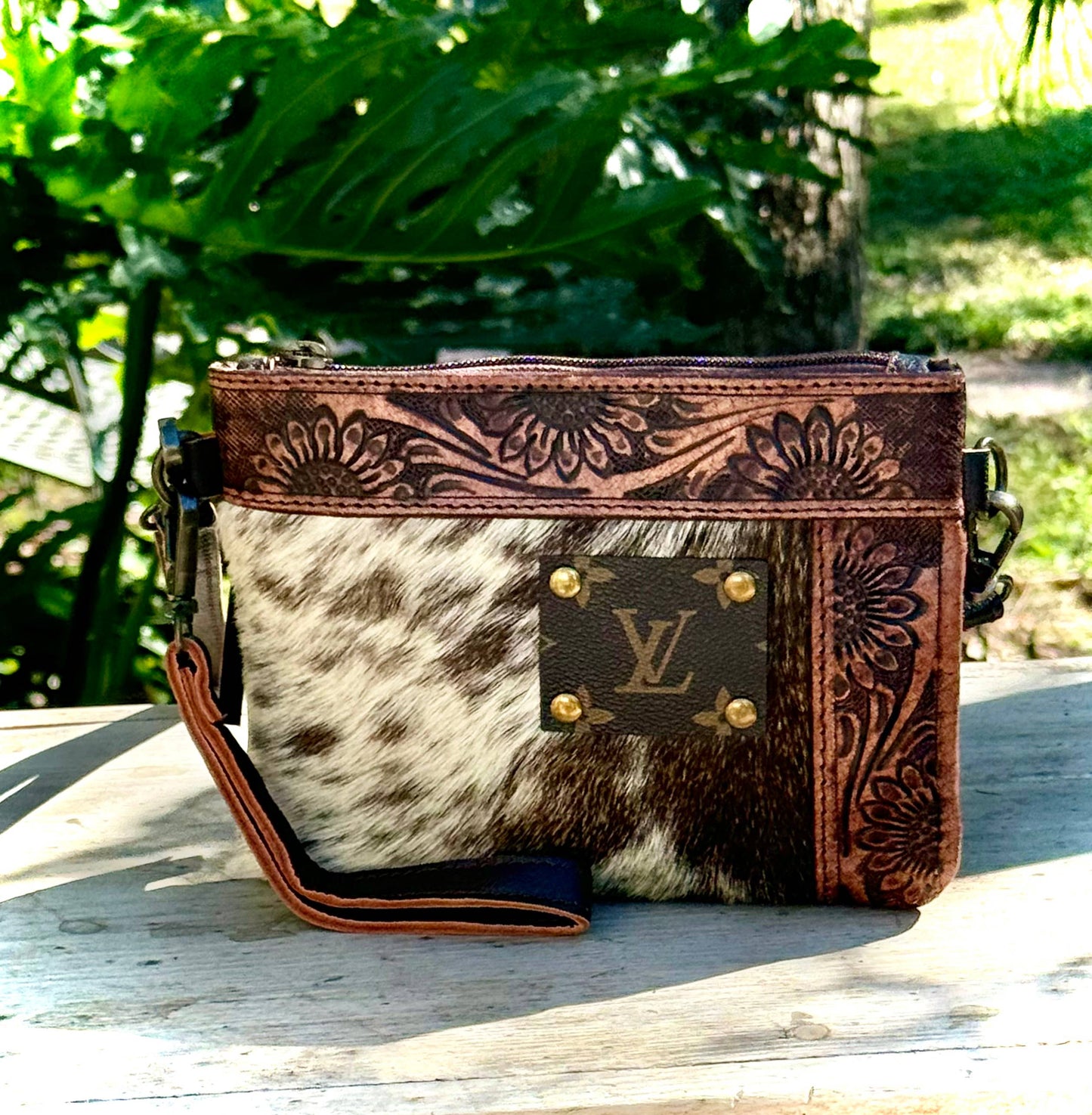 Upcycled LV Cowhide Leather Crossbody Wristlet Bag Western 