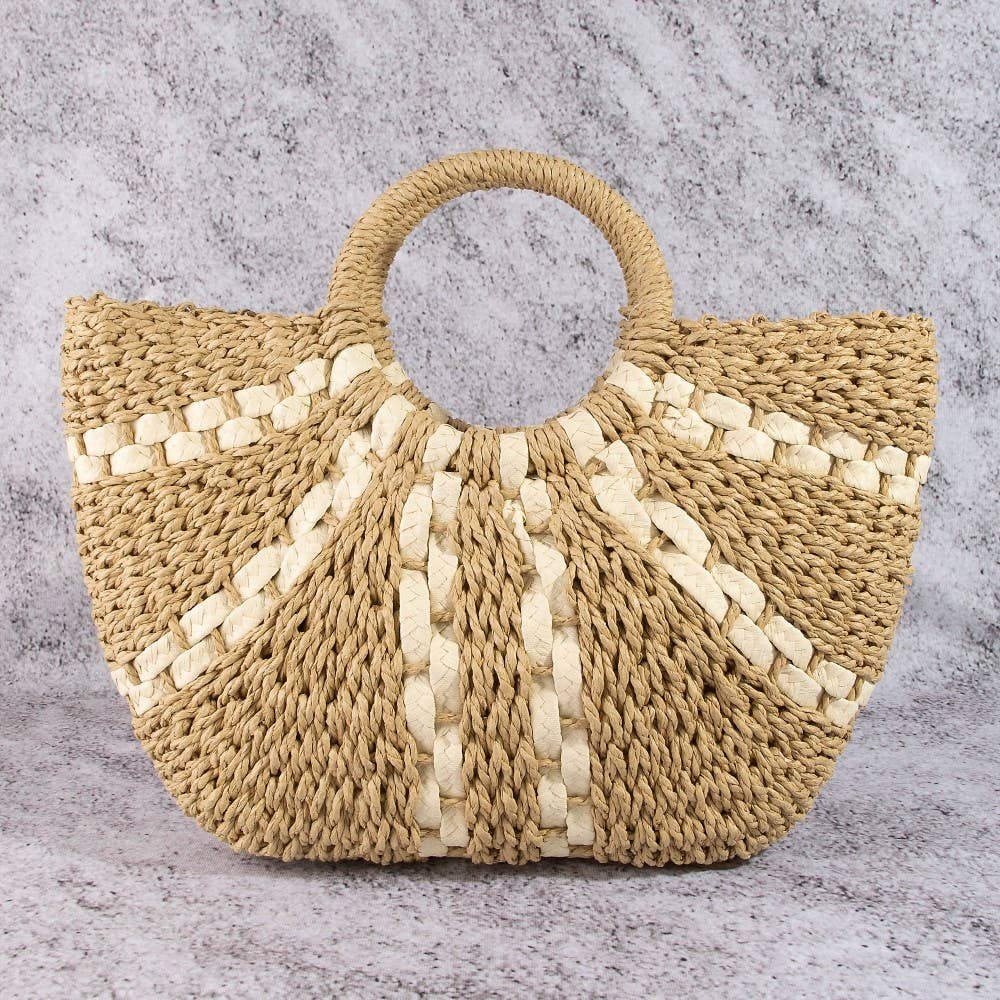Striped Straw Weave Round Rope Handle Tote Bag