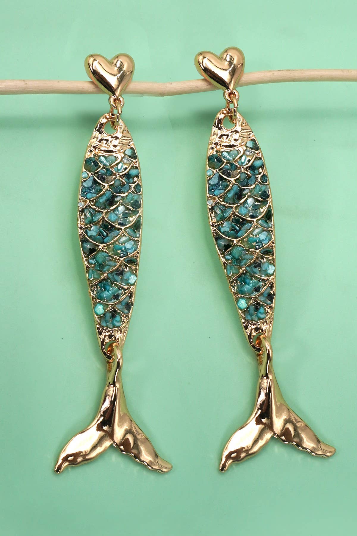 ENAMEL MERMAID FISH HEART DROP EARRINGS | 80E61274: GOLD