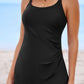 Grommet Shoulder Strap Pleated Swim Dress: Black