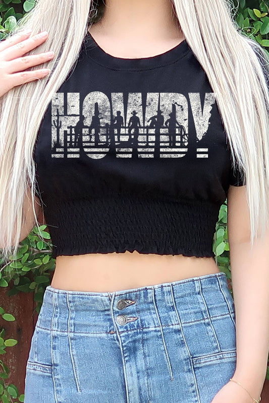 HOWDY COWBOYS GRAPHIC SMOCKED CROP TOP : PEACH