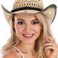 Lightly Beaded Vintage Burnt Crochet Straw Cowboy Hat: NATURAL/BLACK / ONE SIZE