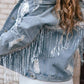 Sky Blue Sequin Embellished Fringe Distressed Denim Jacket: Sky Blue / 75%Cotton+12.7%Polyester+12.3%Viscose.