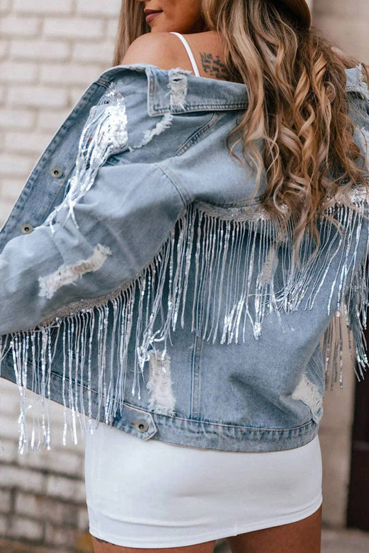 Sky Blue Sequin Embellished Fringe Distressed Denim Jacket: Sky Blue / 75%Cotton+12.7%Polyester+12.3%Viscose.