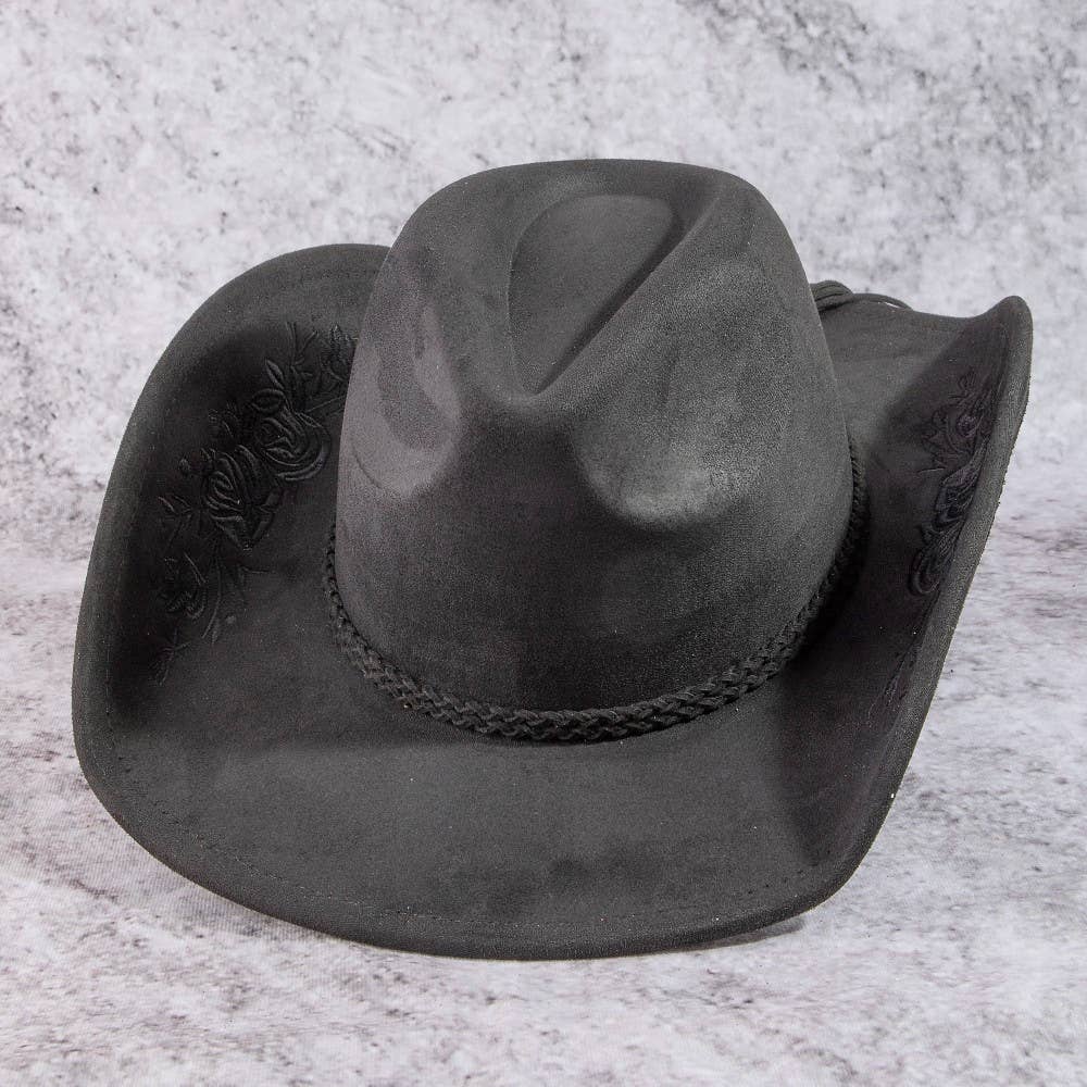 Rose Embroidered Braided Band Fedora Cowboy Hat: BR