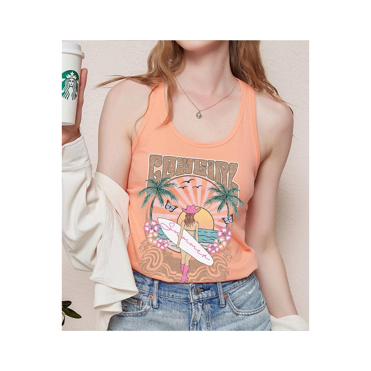 Cowgirl Surfer Beach Graphic Racerback Tank Top