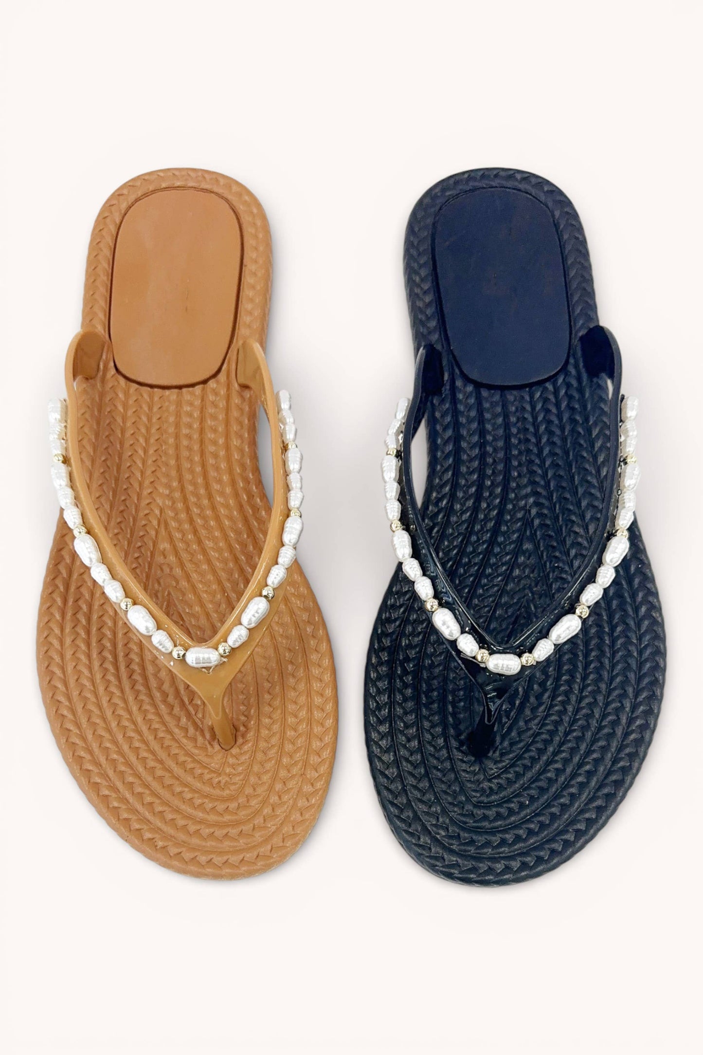 NINA-1 ELEGANT BRAIDED PEARL ACCENT WATERPROOF PVC SLIDE FLA: TAN