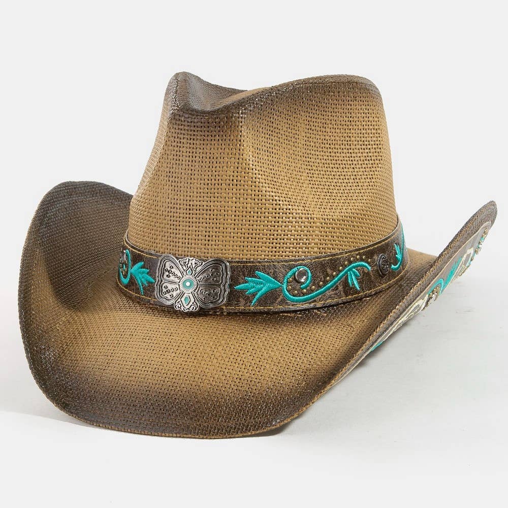 Western Butterfly Concho Detail Straw Cowboy Hat: BR