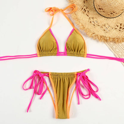 2 Piece Flower Print Bikini Swimsuit Set: Yellow Flower