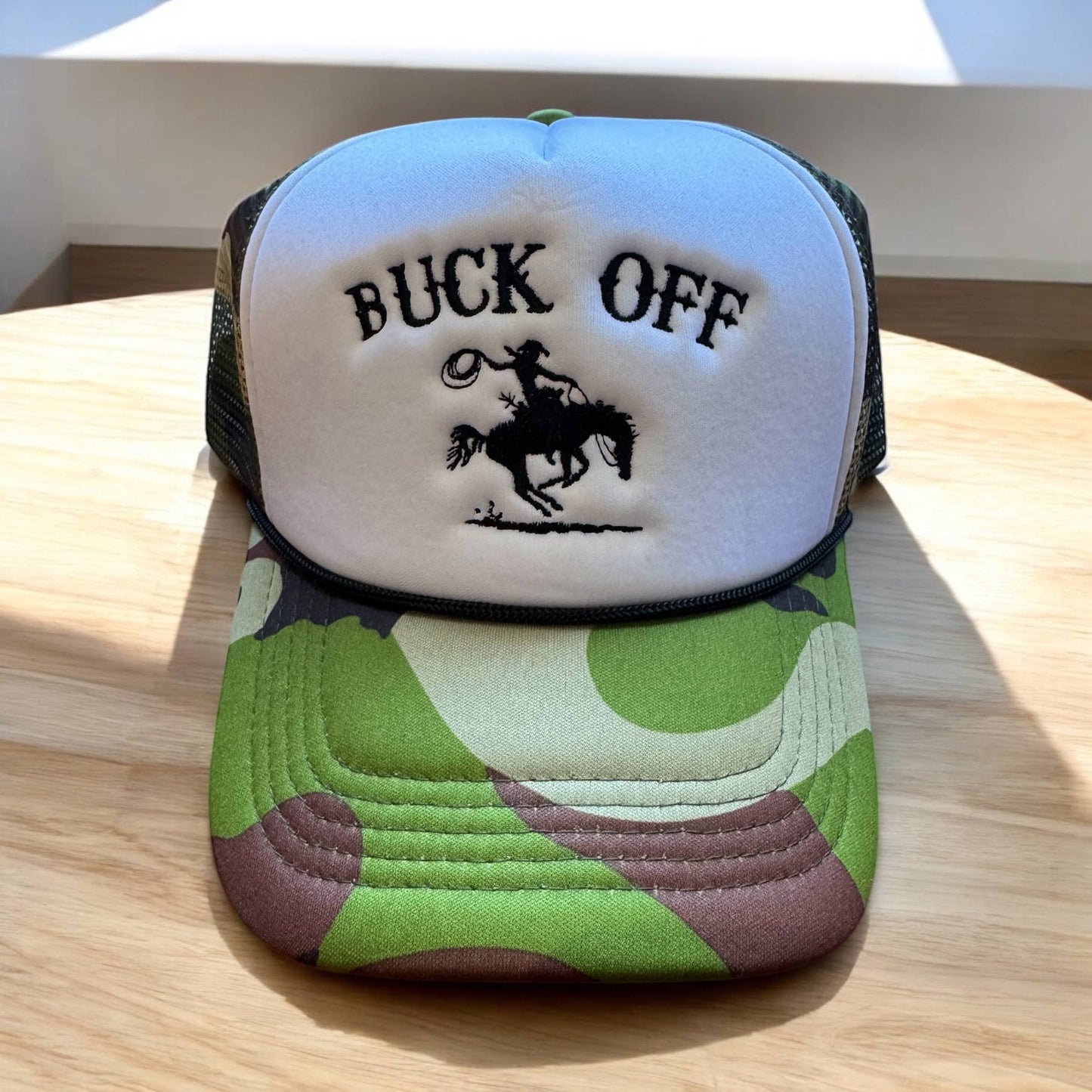 Buck Off Trucker Hat: Camo/White/Black
