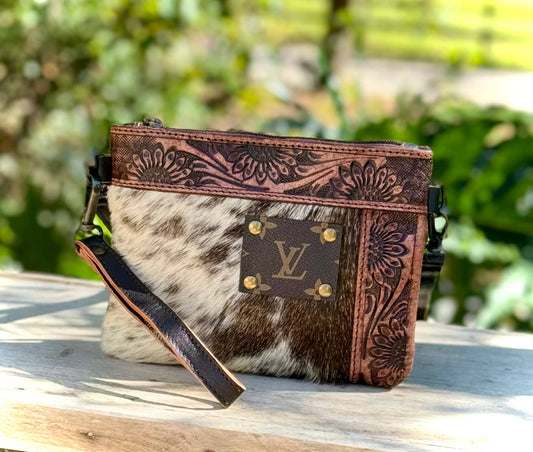 Upcycled LV Cowhide Leather Crossbody Wristlet Bag Western 