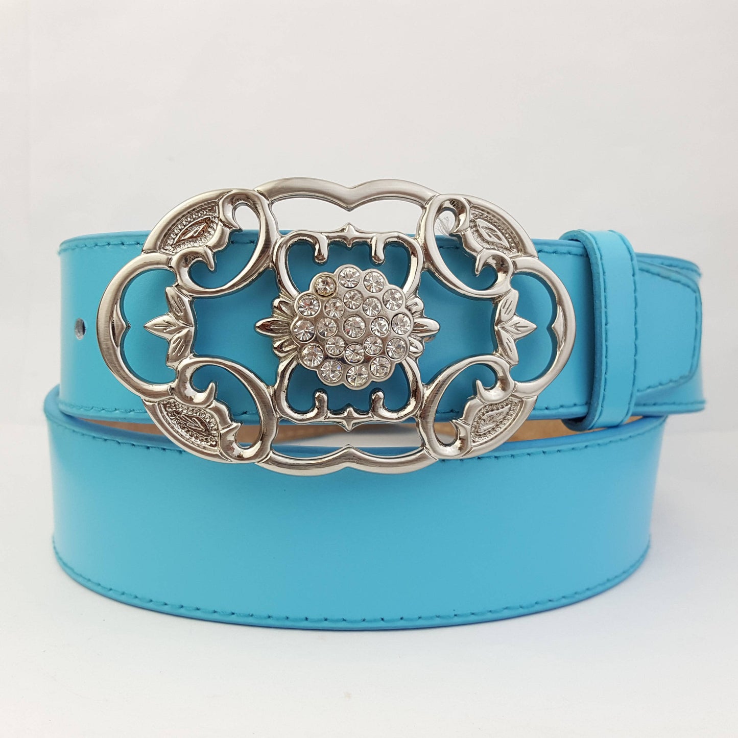 Genuine Leather belt w. Shiny Silver Oval Floral Buckle: Blue