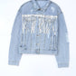 Sky Blue Sequin Embellished Fringe Distressed Denim Jacket: Sky Blue / 75%Cotton+12.7%Polyester+12.3%Viscose.