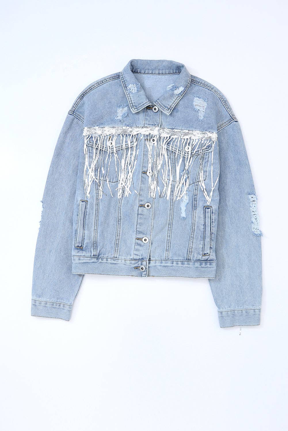 Sky Blue Sequin Embellished Fringe Distressed Denim Jacket: Sky Blue / 75%Cotton+12.7%Polyester+12.3%Viscose.