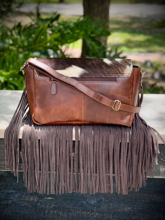 Upcycled Cowhide Leather Fringe Crossbody Bag Western Boho