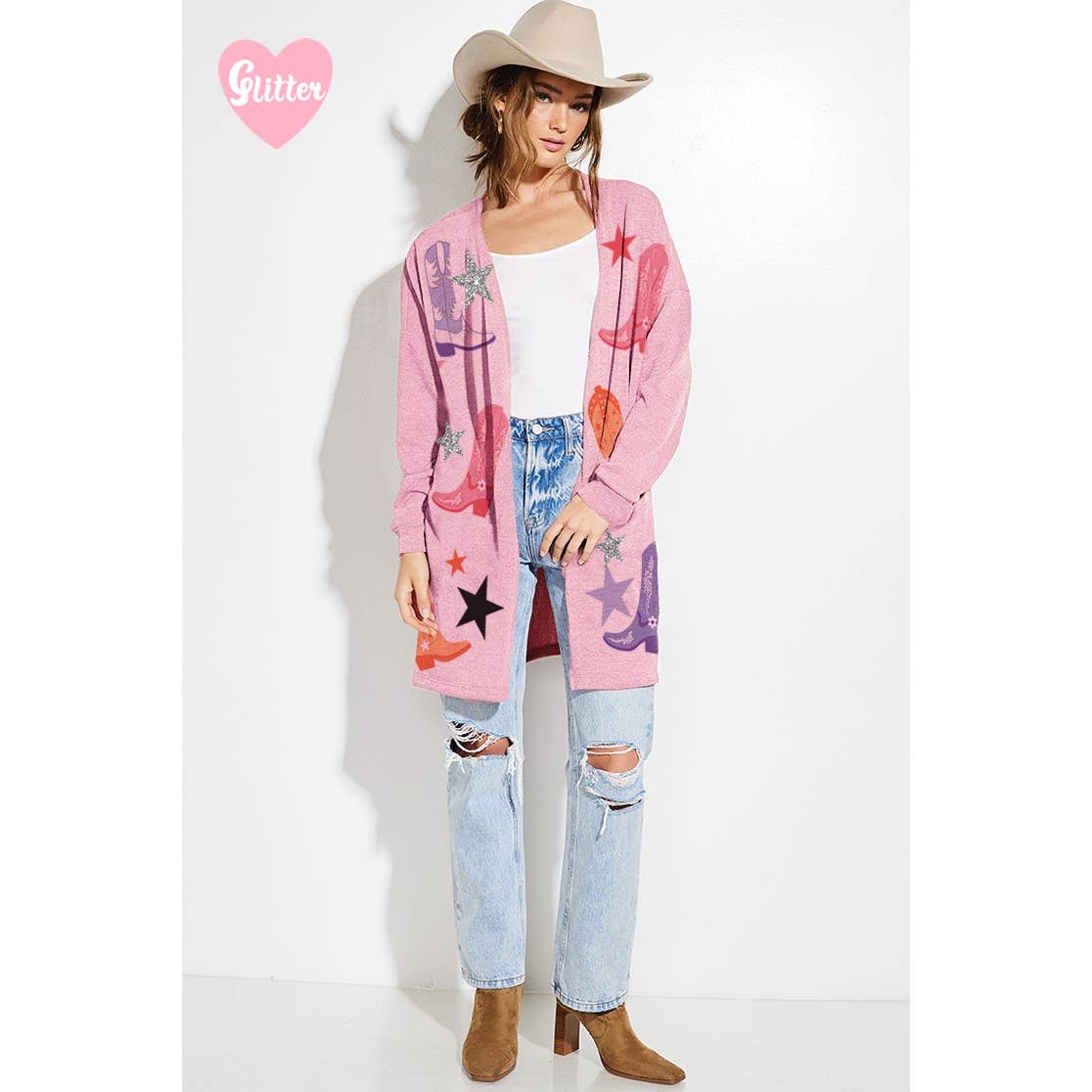 Cowgirl boots Glitter print Knit casual Cardigan