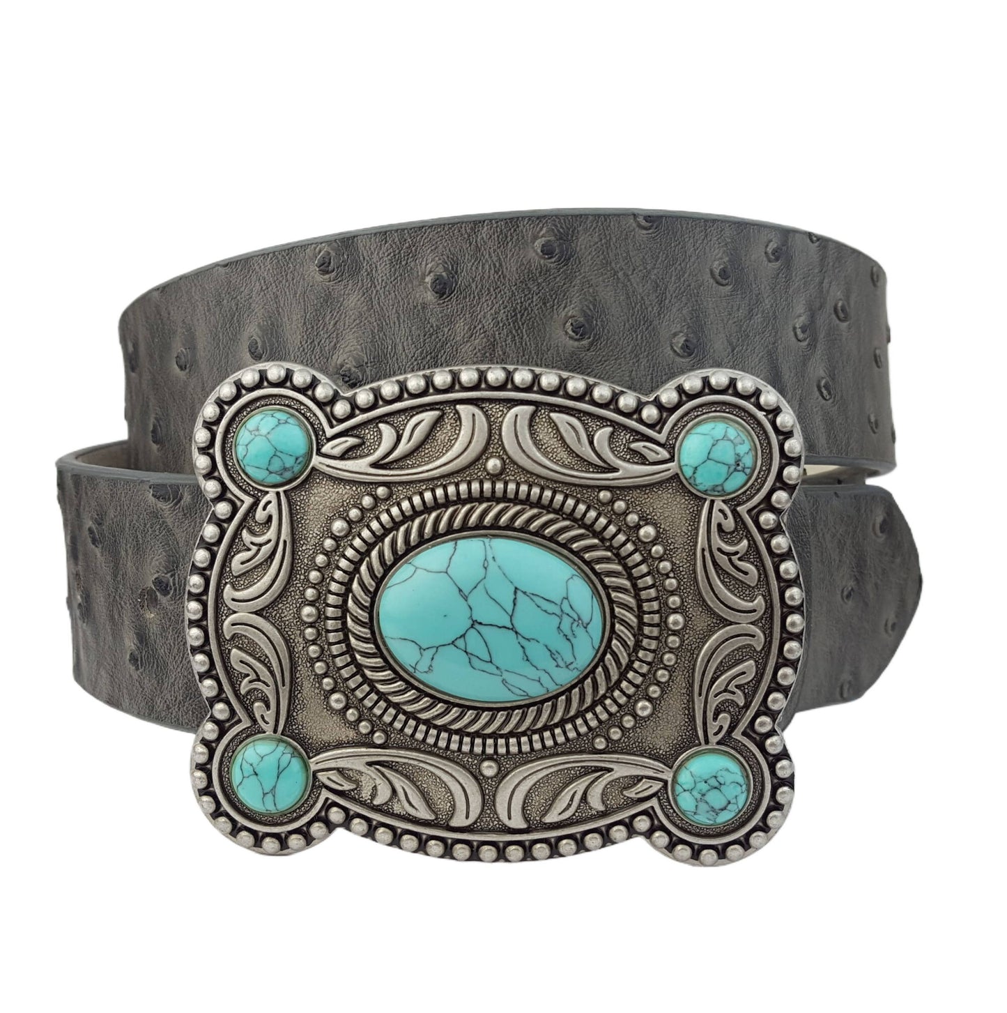 Western Silver Turquoise Buckle w. Ostrich Belt: Black / M/L