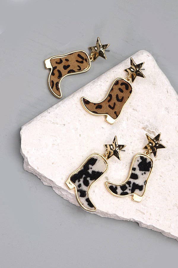 ANIMAL LEATHER BOOTS STAR POST EARRINGS | 10E3060201: LEOPARD