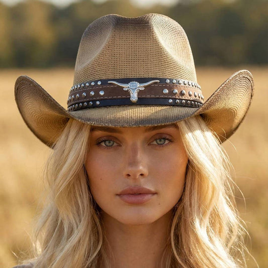 Western Long Horn Studded Strap Straw Cowboy Hat: KA