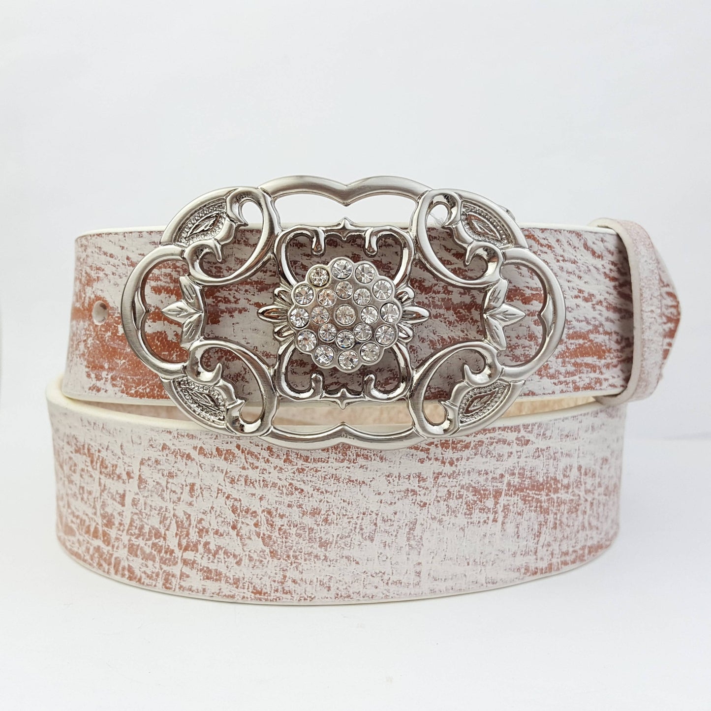 Genuine Leather belt w. Shiny Silver Oval Floral Buckle: Blue