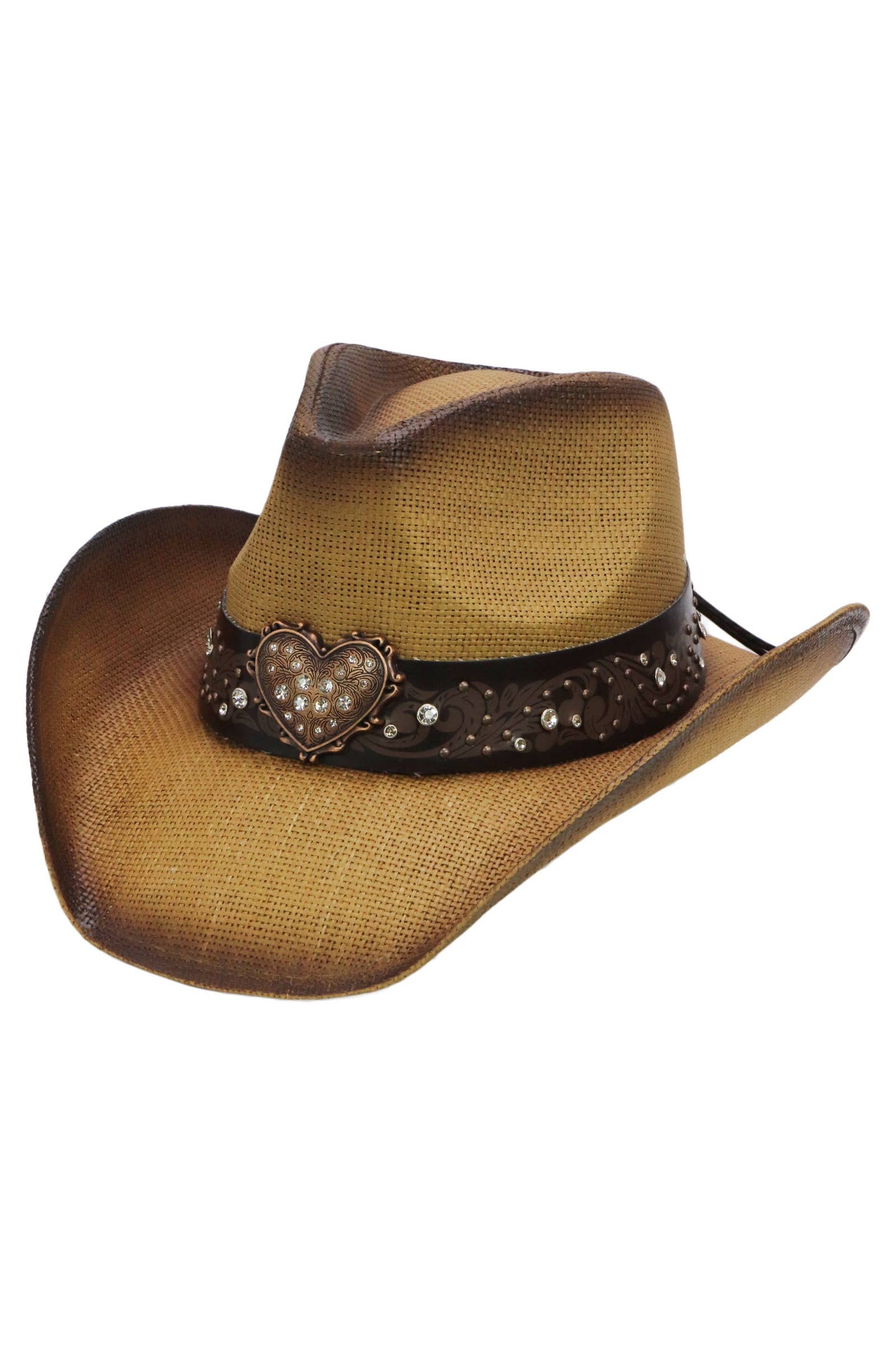 Heart Bling Rhinestone Belt Ombre Straw Cowboy Hat: Beige