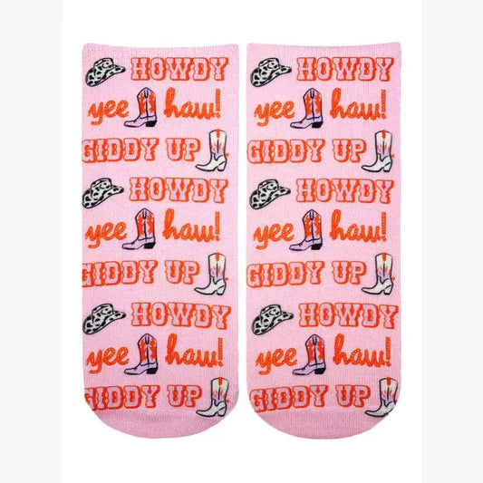 Novelty Graphic Ankle Socks - Western Cowgirl - "Howdy"-Pink